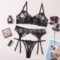 Shelliy Midnight Luxe Embroidered Sheer Garter 3-Piece Set Black