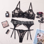 Shelliy Midnight Luxe Embroidered Sheer Garter 3-Piece Set Black