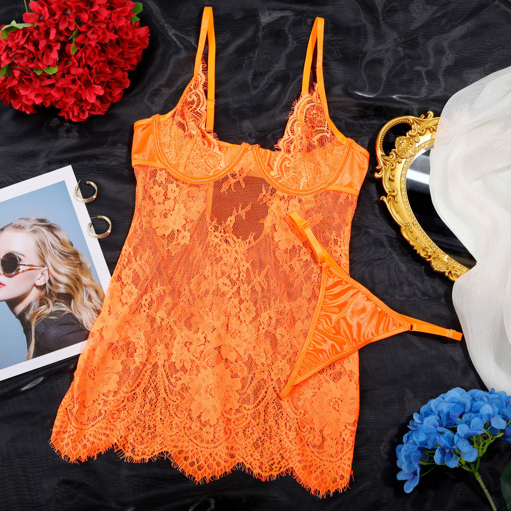 Shelliy Dark Romance Sheer Lash-Lace Underwired Bodysuit Orange