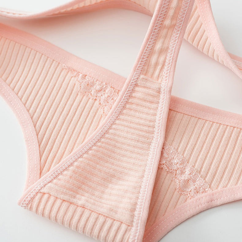 Shelliy Low-Rise Ribbed Cotton Seamless-Waist Thong featuring breathable ribbed cotton fabric and delicate lace trim accents — Minimalist casual loungewear and daily comfort (View 1)