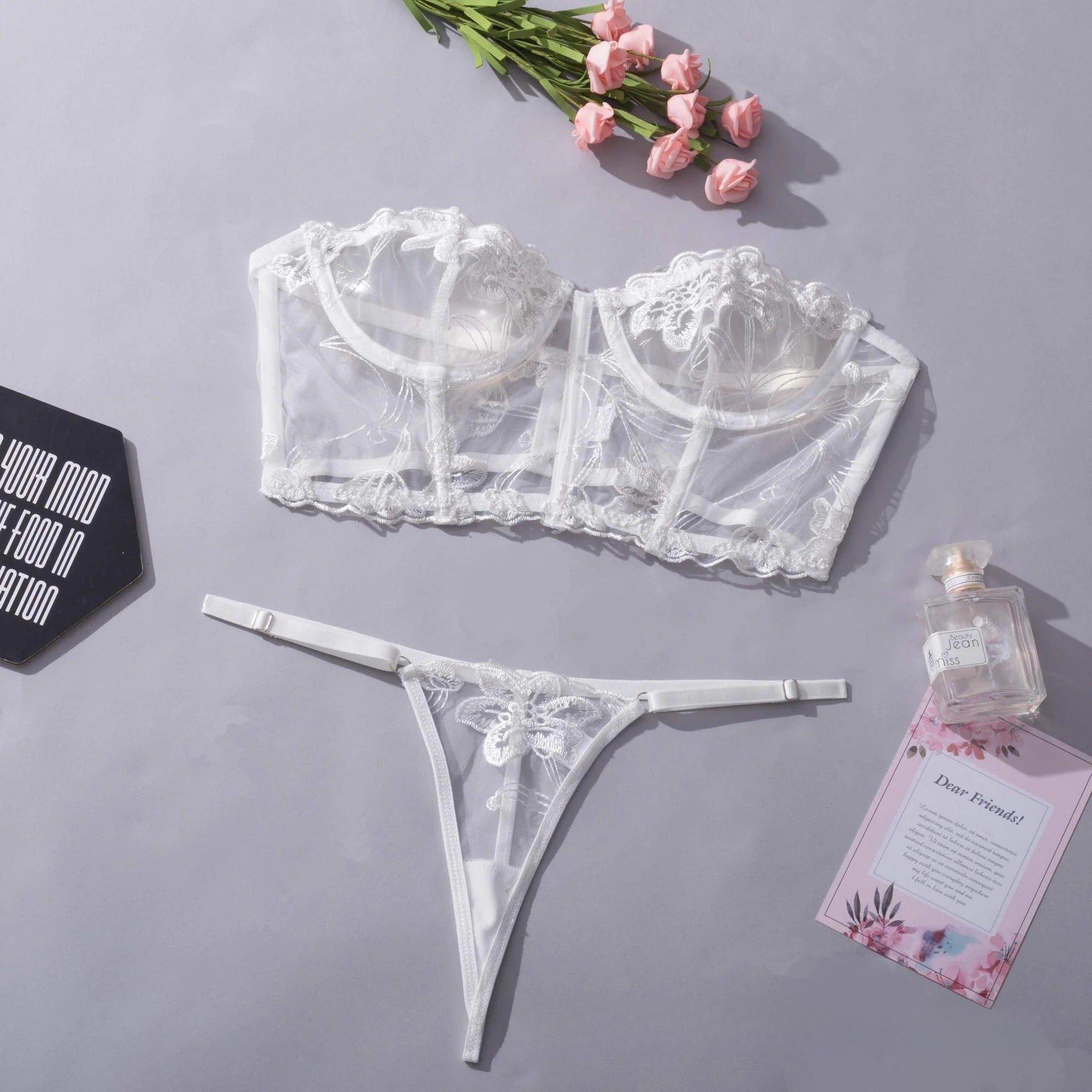 Shelliy Midnight Luxe Embroidered Sheer Bandeau Set White