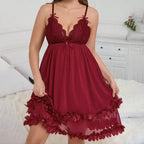 Red mesh babydoll nightdress, colour card, model shot in an interior — Shelliy Coquette