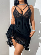 Black mesh babydoll nightdress, colour card, model shot against a white wall — Shelliy Coquette