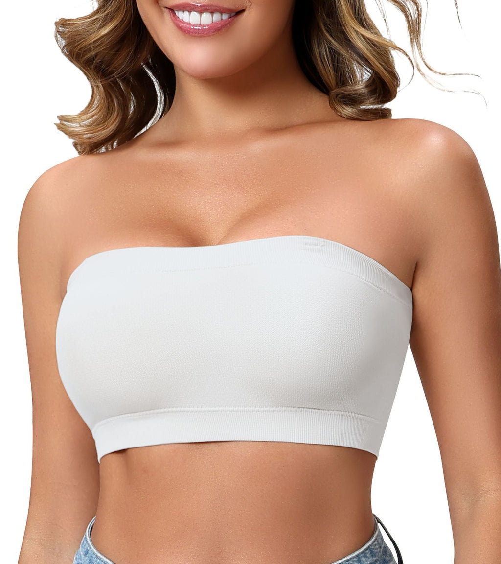 Strapless bandeau bra in white, front view — Shelliy Minimalist