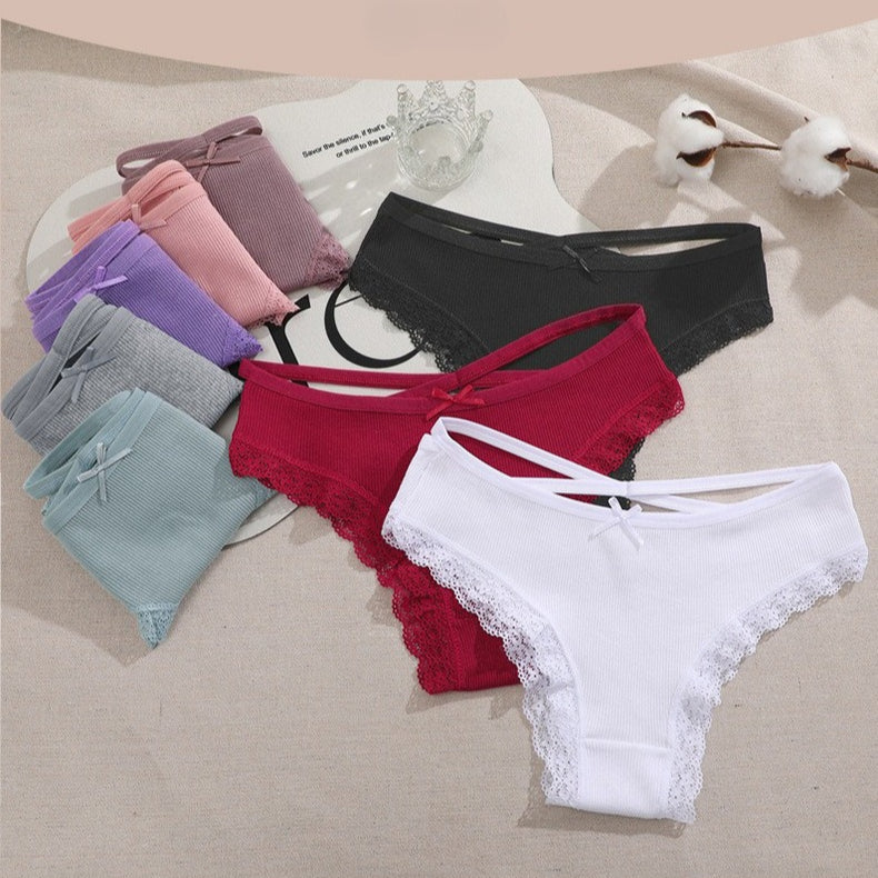 Shelliy Ribbed Cotton Lace-Trim Bikini with Bow featuring delicate romantic lace detailing and ultra-soft comfort waistband — Cozy french aesthetic everyday lingerie (View 3)