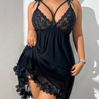Black mesh babydoll nightdress on model, front view against an interior wall — Shelliy Coquette