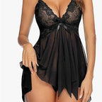 Black lace babydoll, studio front view on model — Shelliy Boudoir