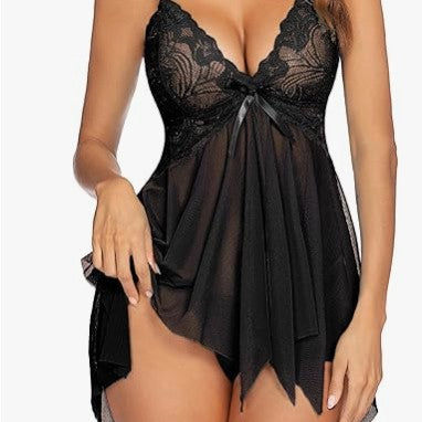 Black lace babydoll, studio front view on model — Shelliy Boudoir