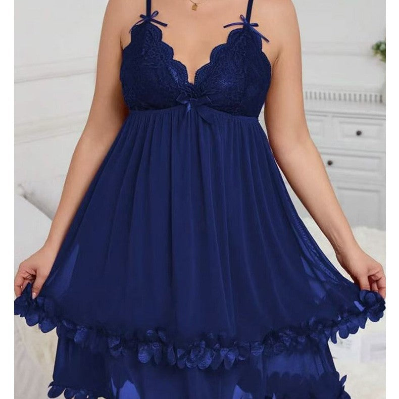 Blue mesh babydoll nightdress on model, seated on a sofa — Shelliy Coquette