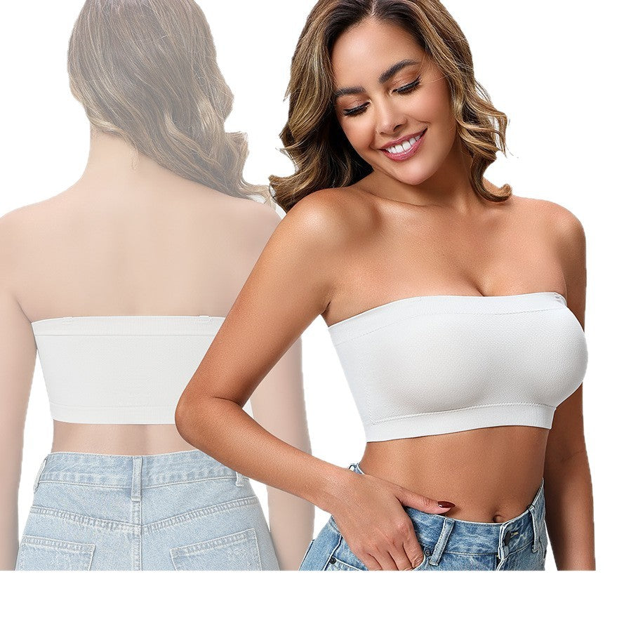 Strapless bra in white, on-model fit, front and back — Shelliy Minimalist