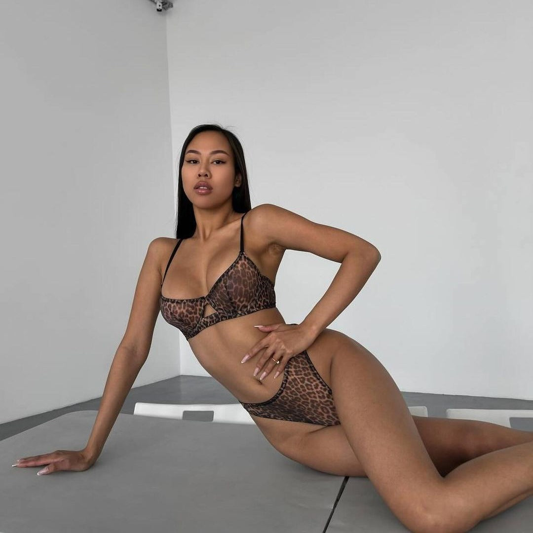 Shelliy French Leopard-Print Sheer 2-Piece Lingerie & Thong Set Detail — Shelliy Official