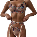 Shelliy Romantic Embroidered Floral 4-Piece Lingerie & Thong Set Detail Close-Up — Shelliy Official