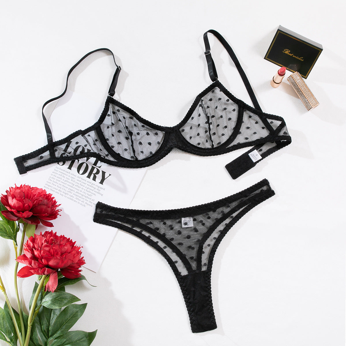 Black Shelliy French Swiss-Dot Sheer Lingerie & Thong Set — Shelliy Official