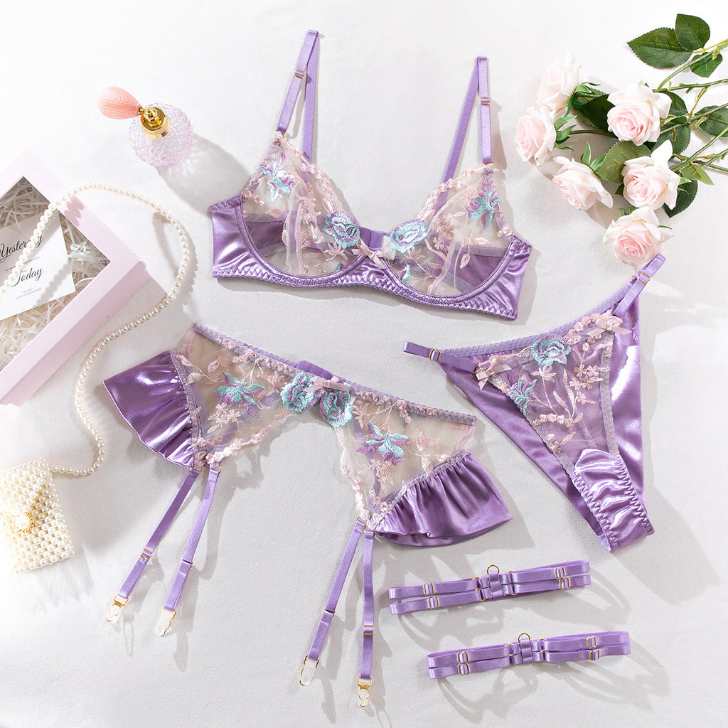 Purple Shelliy French Sheer Embroidered 4-Piece Lingerie Set — Shelliy Official