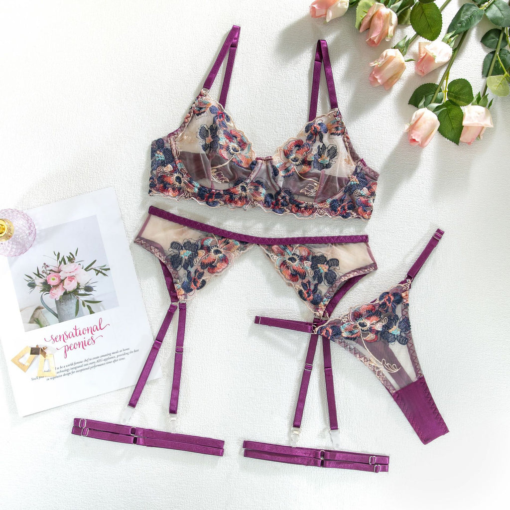 Purple Shelliy Romantic Embroidered Floral 4-Piece Lingerie & Thong Set — Shelliy Official