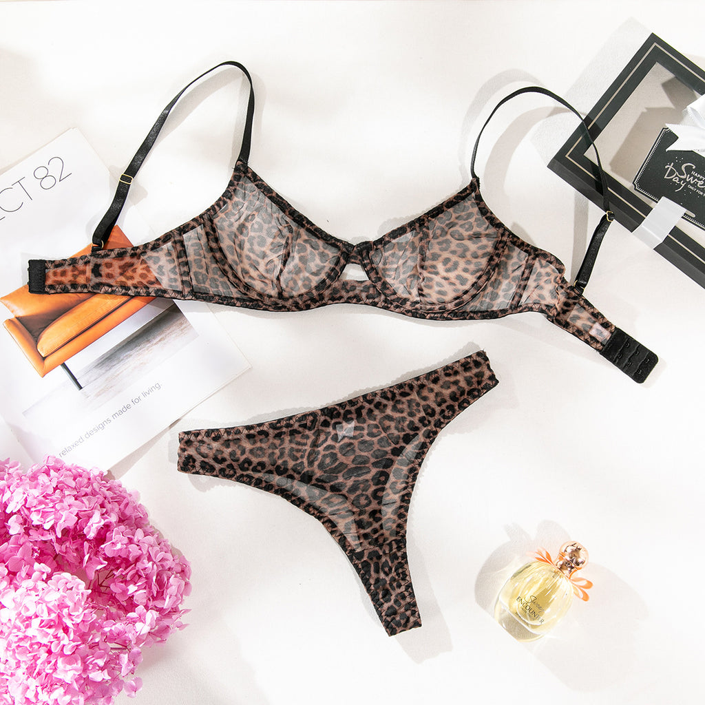 Yellow Leopard Shelliy French Leopard-Print Sheer 2-Piece Lingerie & Thong Set — Shelliy Official