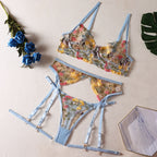 Sky Blue Shelliy Romantic Floral-Embroidered Sheer 4-Piece Lingerie Set — Shelliy Official