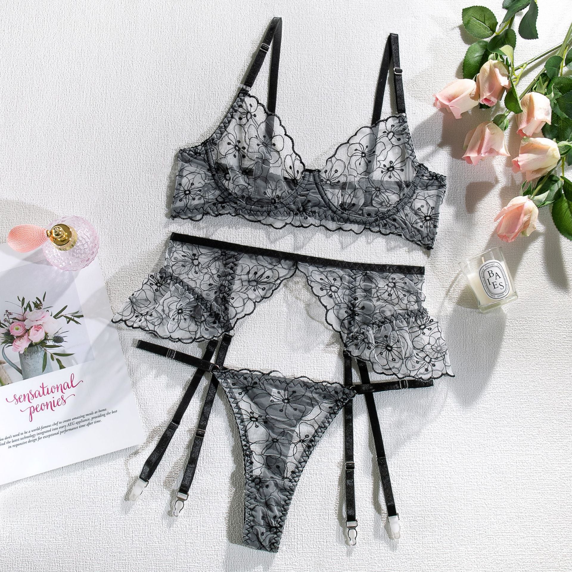 Black & White S Shelliy Monochrome Floral-Embroidered Sheer 3-Piece Lingerie Set — Shelliy Official