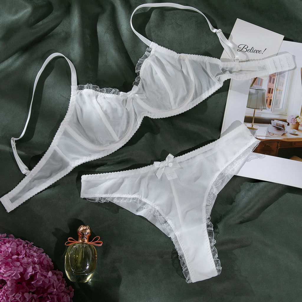 White Shelliy Coquette Ruffled-Scallop Sheer Mesh 2-Piece Lingerie Set — Shelliy Official