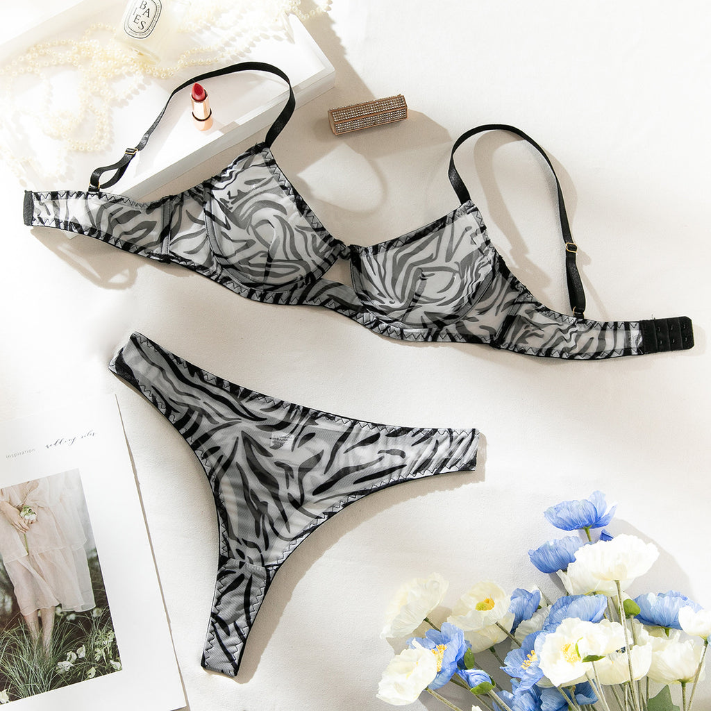 White Zebra Shelliy French Leopard-Print Sheer 2-Piece Lingerie & Thong Set — Shelliy Official