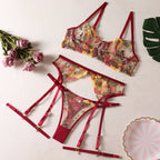 Burgundy Shelliy Romantic Floral-Embroidered Sheer 4-Piece Lingerie Set — Shelliy Official
