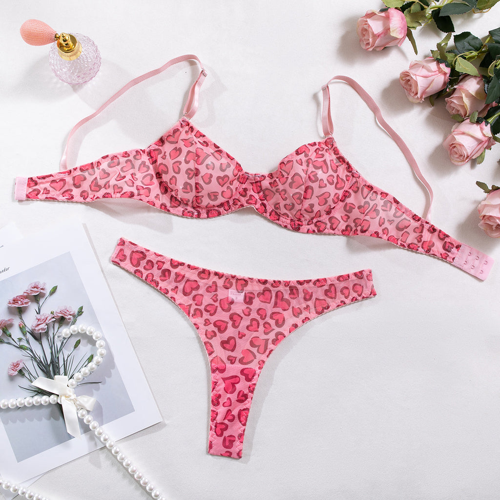 Pink Leopard Shelliy French Swiss-Dot Sheer Lingerie & Thong Set — Shelliy Official