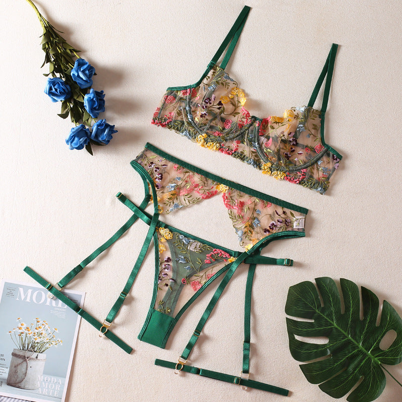 Green Shelliy Romantic Floral-Embroidered Sheer 4-Piece Lingerie Set — Shelliy Official