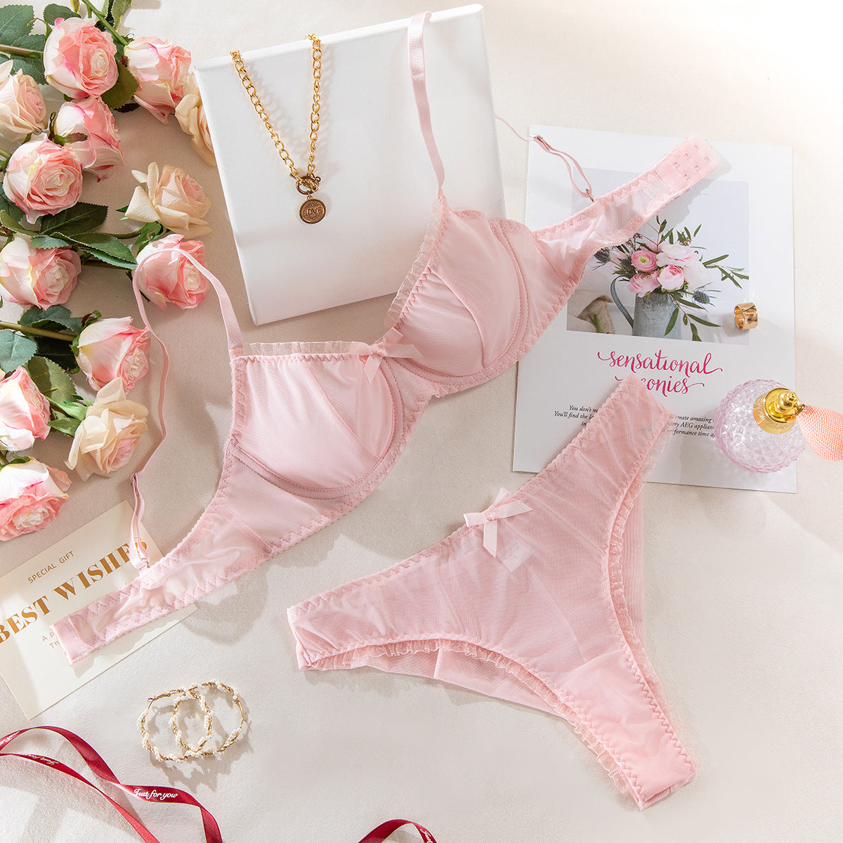 Pink Shelliy Coquette Ruffled-Scallop Sheer Mesh 2-Piece Lingerie Set — Shelliy Official