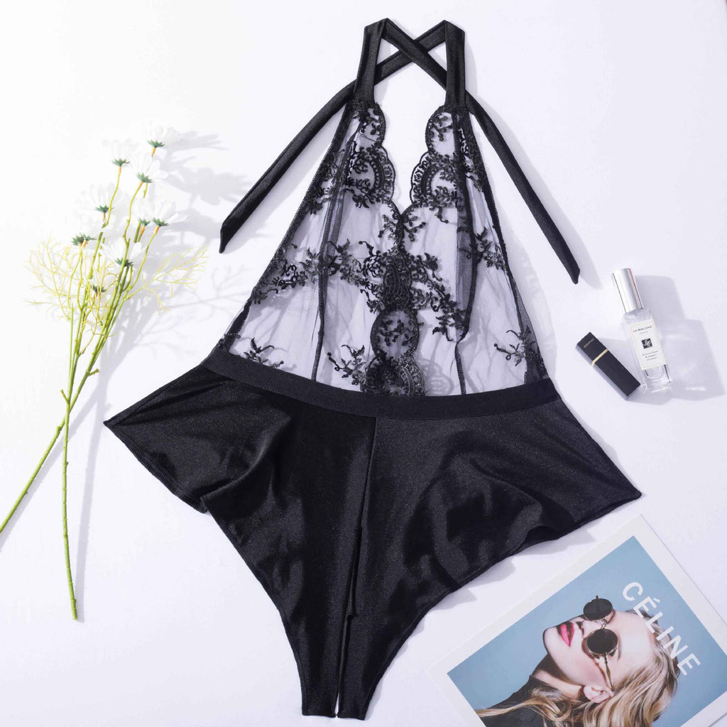 Shelliy Midnight Luxe Embroidered Lace-Up Bodysuit Black