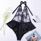 Shelliy Midnight Luxe Embroidered Lace-Up Bodysuit Black