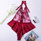 Shelliy Midnight Luxe Embroidered Lace-Up Bodysuit Red